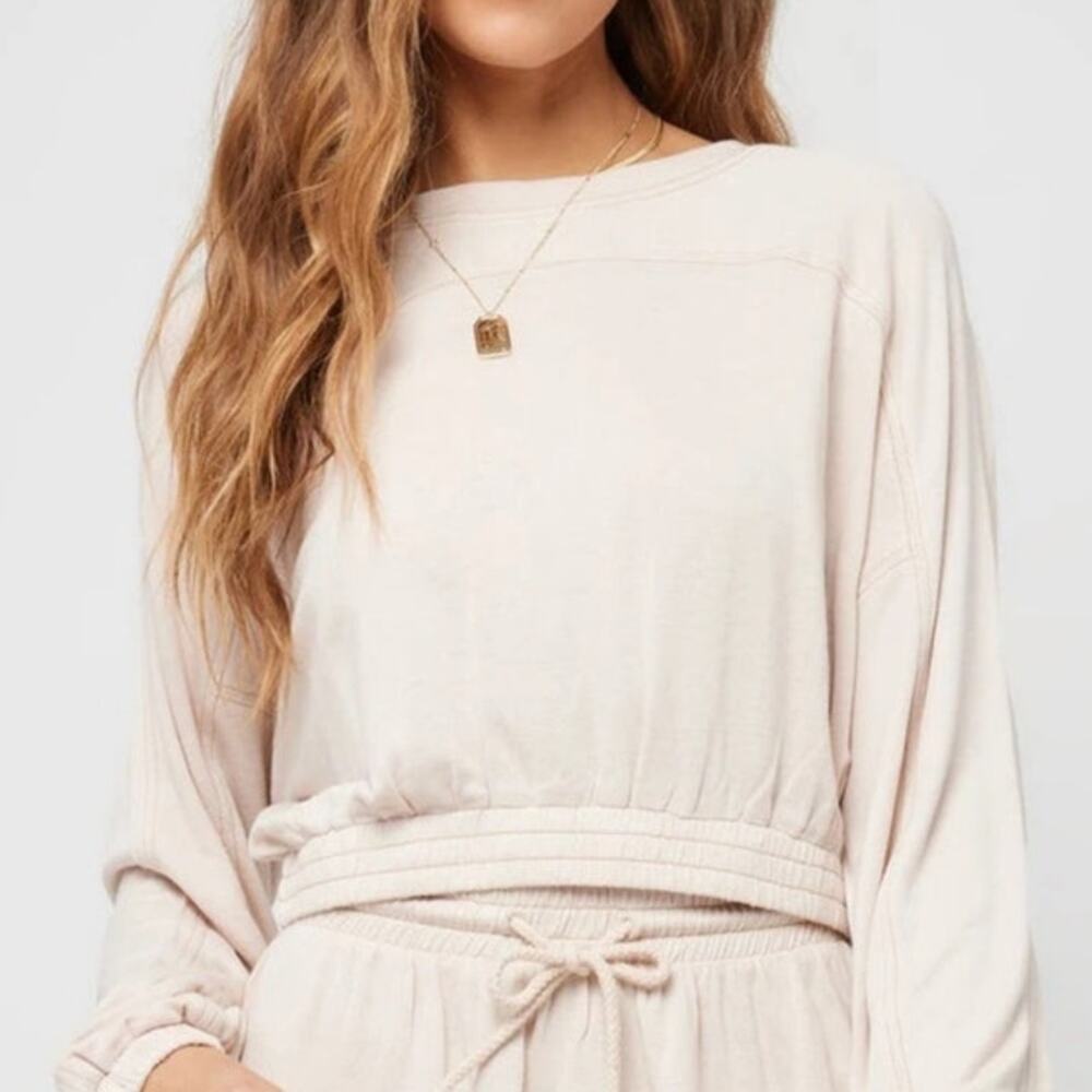 L‎ Space Day Trippin Linen Blend Pullover Lounge Top Pink Cropped XS Cozy Soft
